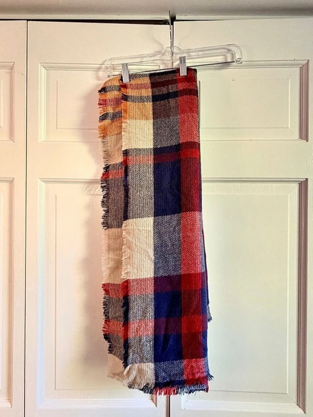 francesca's Plaid Fringe Scarf in Blue & Red NWT